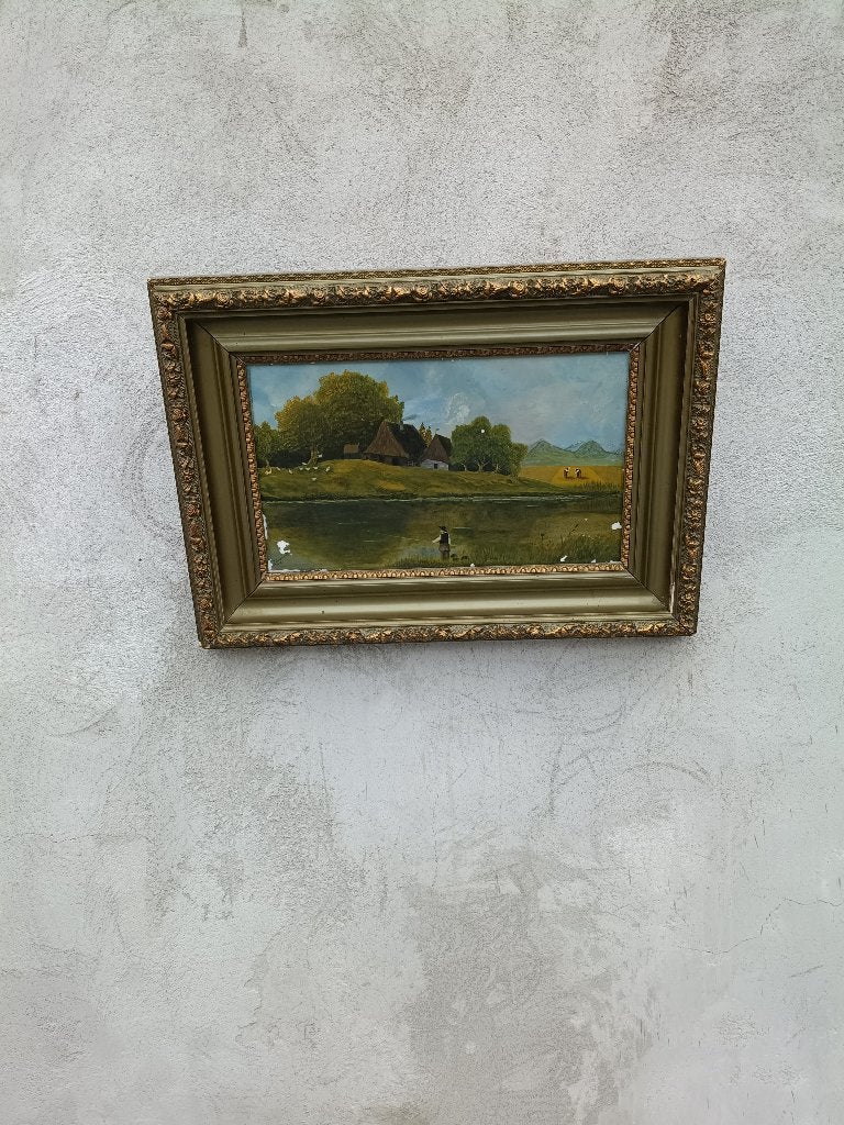 peiture sur verre 1918, Enlèvement, Encadré, Peinture sur verre, Paysage