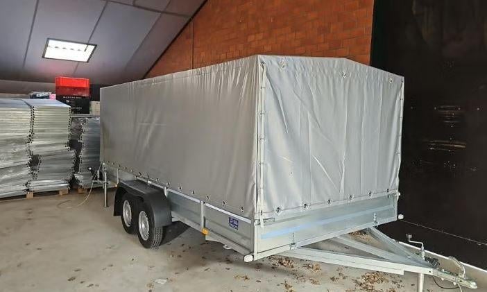 Aanhanger dubbelasser met huif 450x200x165 ZGAN, Autos : Divers, Remorques, Comme neuf, Enlèvement
