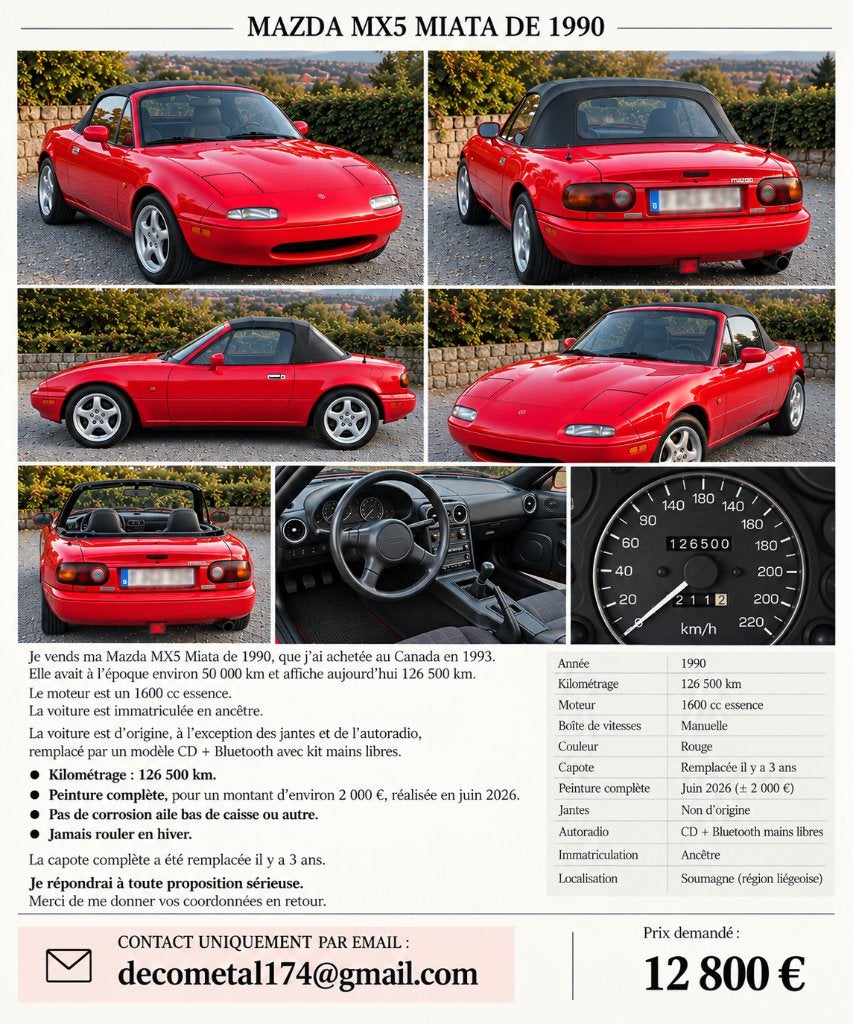 Mazda MX5 Miata 1990 1600cc Ancêtre, Autos, Noir, 2 portes, Particulier, Tissu