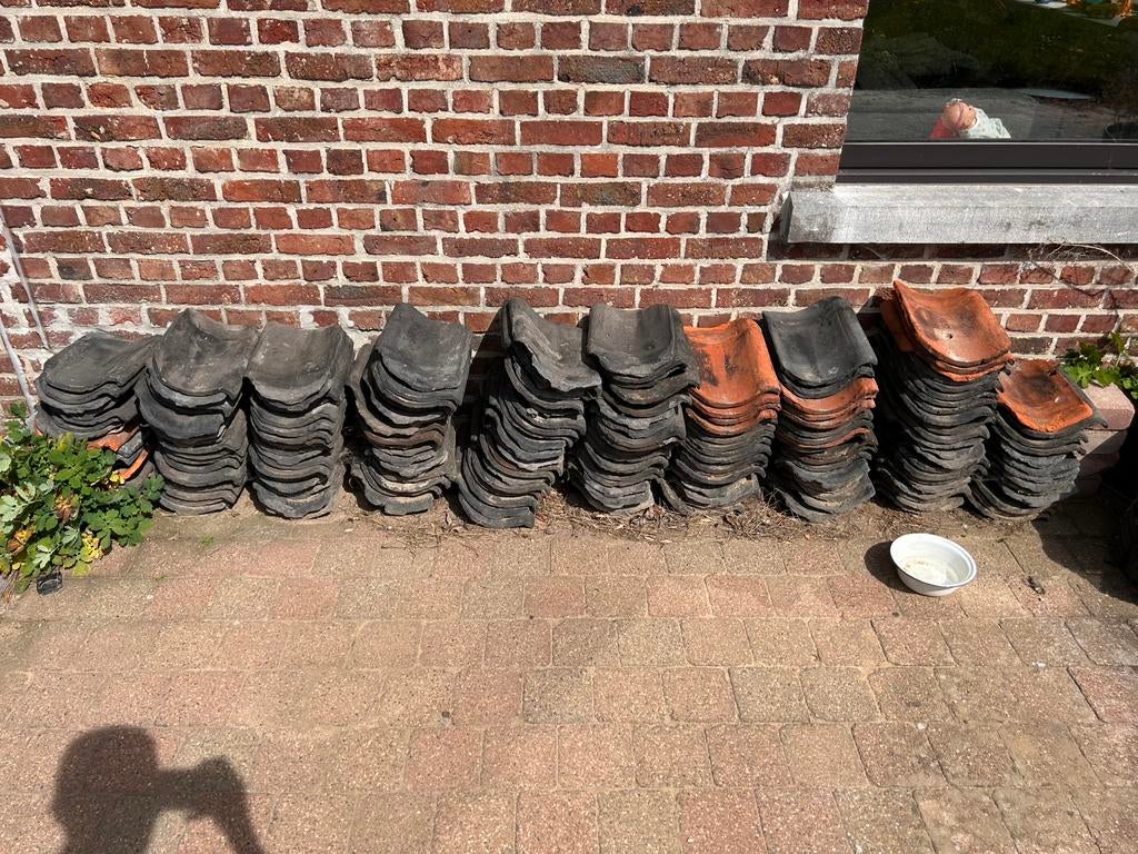 Oude blauwe en rode boomse dakpannen 214 stuks, Tuiles, Pierre ou Argile, Enlèvement, Utilisé
