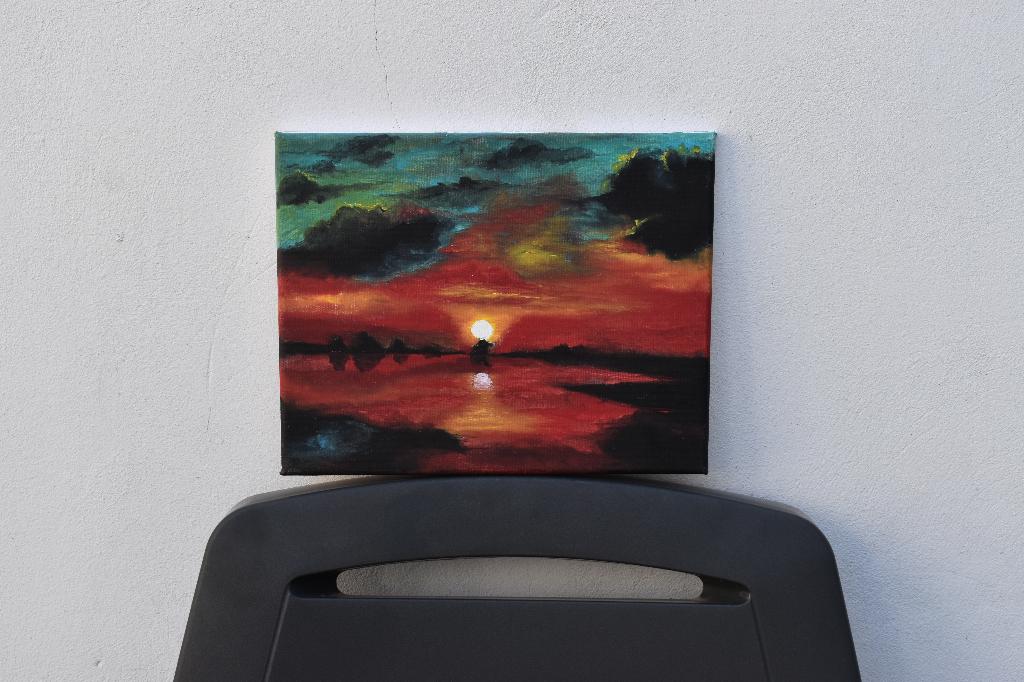 Schilderij met rode zonsondergang, gesigneerd Joky Kamo, Ophalen