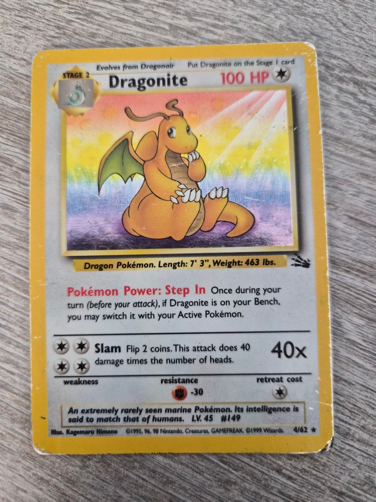 dragonite holo fossil 4/62, Ophalen of Verzenden, Gebruikt, Losse kaart, Foil