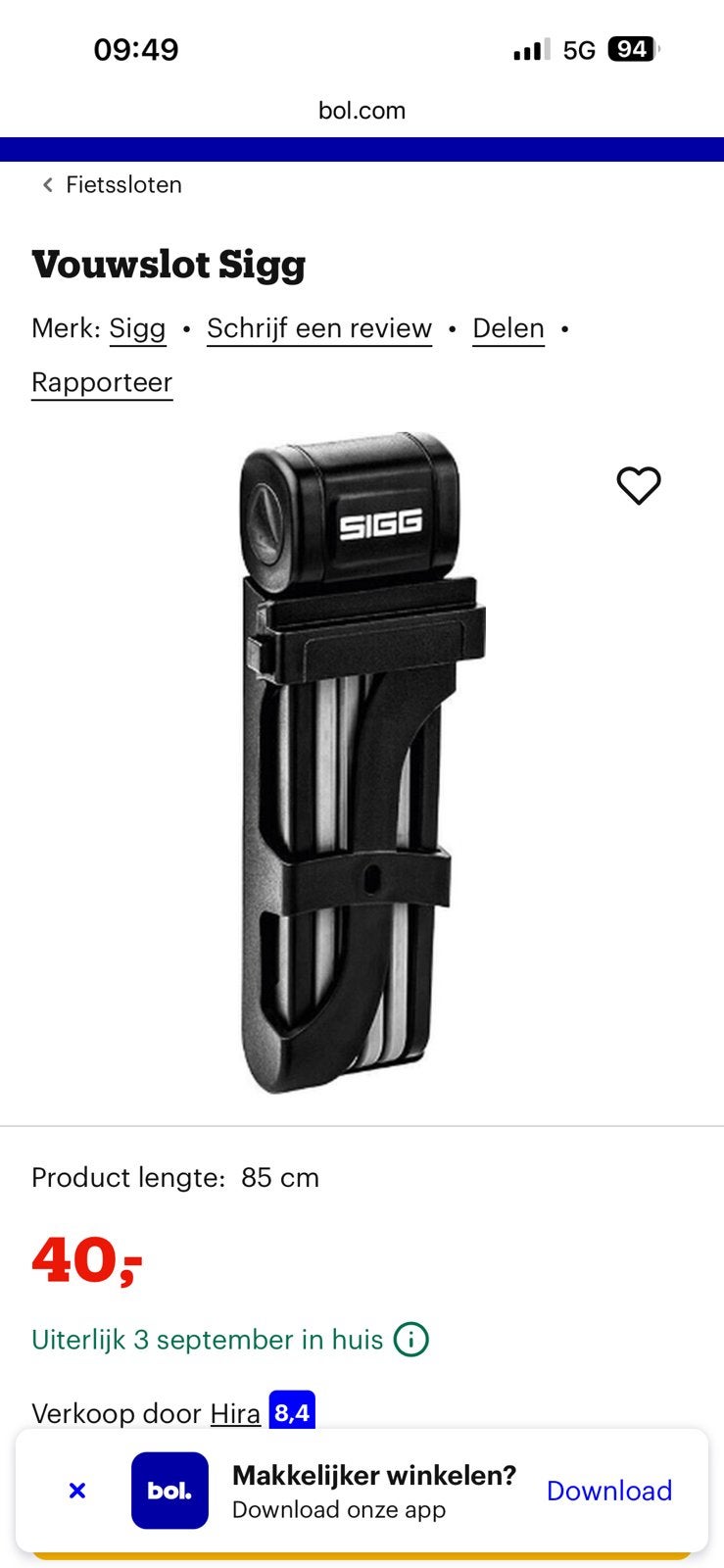 vouwfietsslot gemaakt met metalen schakels, Ophalen, Zo goed als nieuw