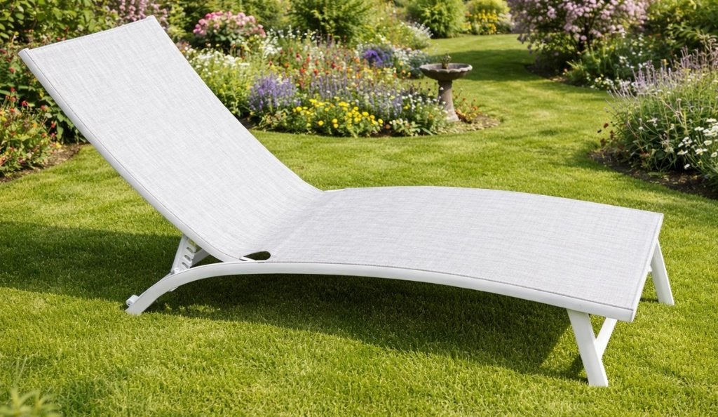 Chaise longue Alu blanc et textilène gris clair, Jardin & Terrasse, Chaises longues, Neuf, Aluminium, Réglable, Mobile, Enlèvement