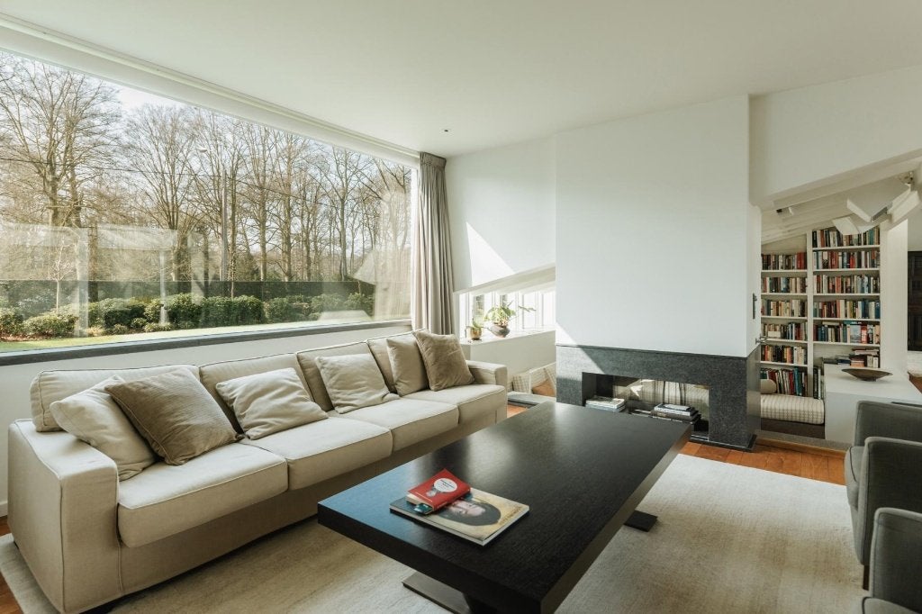 Prachtige 4-zit zetel in beige stof, Maison & Meubles, Canapés | Salons, 75 à 100 cm, 250 à 300 cm, Quatre personnes ou plus, Banc droit