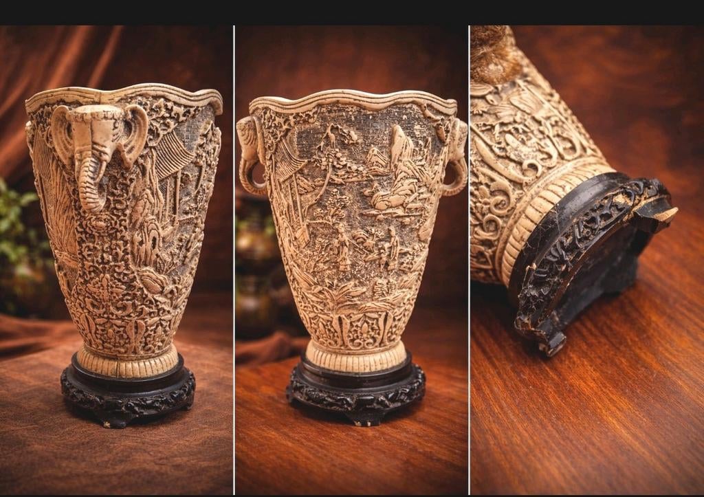 Vase relief asiatique en résine moulée