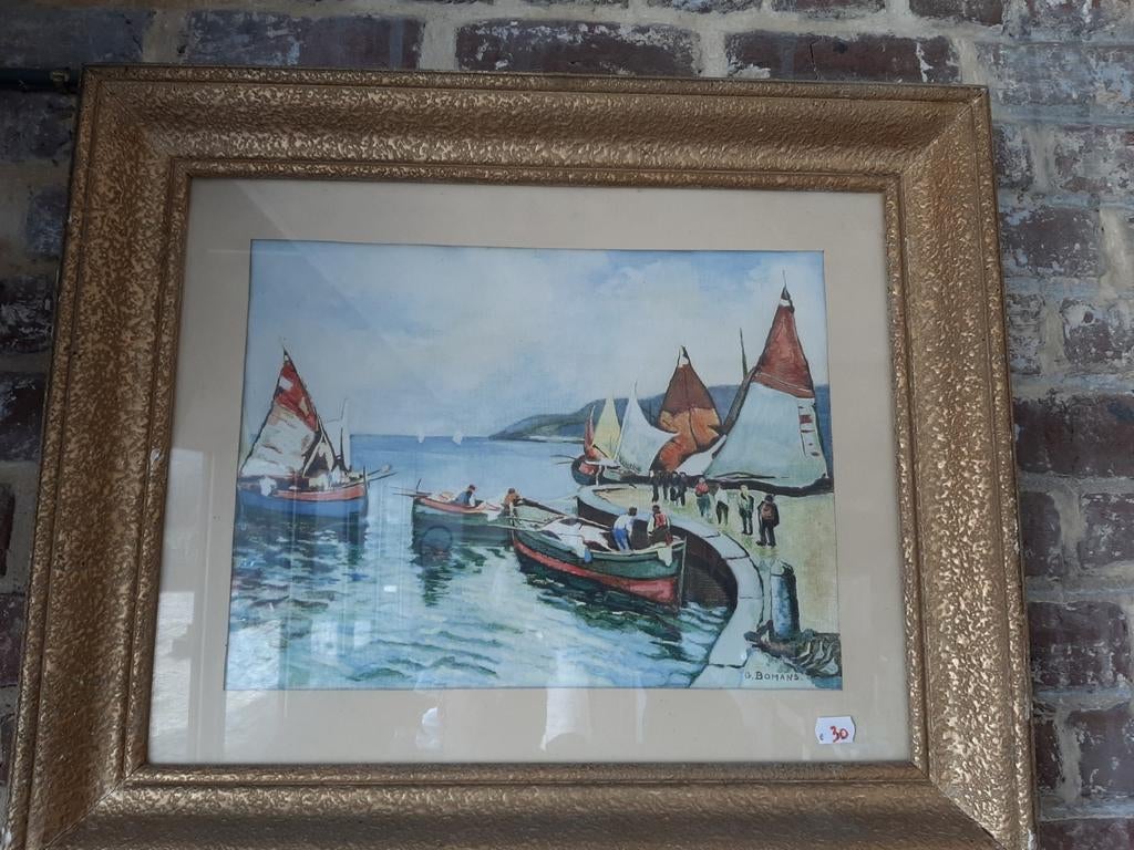 Tableau Bateaux au port * G. Bomans * 62 x 52 cm, Enlèvement