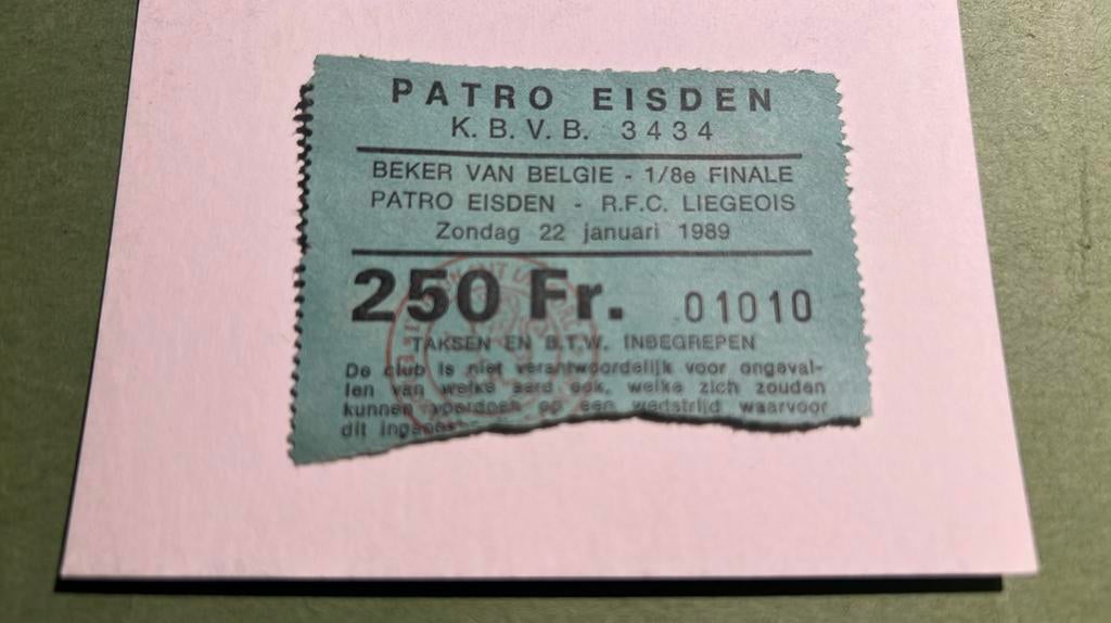 Ticket Patro Eisden - RFC Liégeois Beker van België 1989, Verzenden, Gebruikt