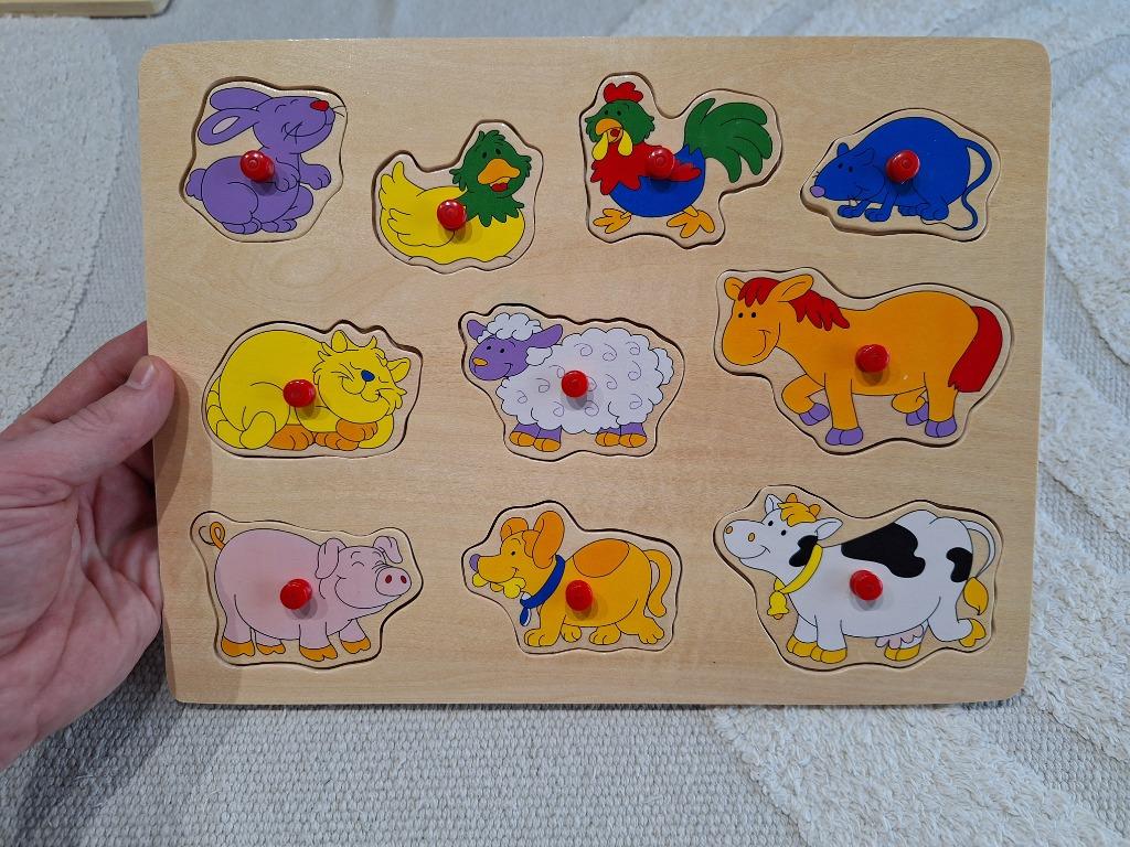 puzzle en bois incrusté d'animaux de la ferme, Enlèvement ou Envoi, Comme neuf, 6 mois à 2 ans, 10 à 50 pièces