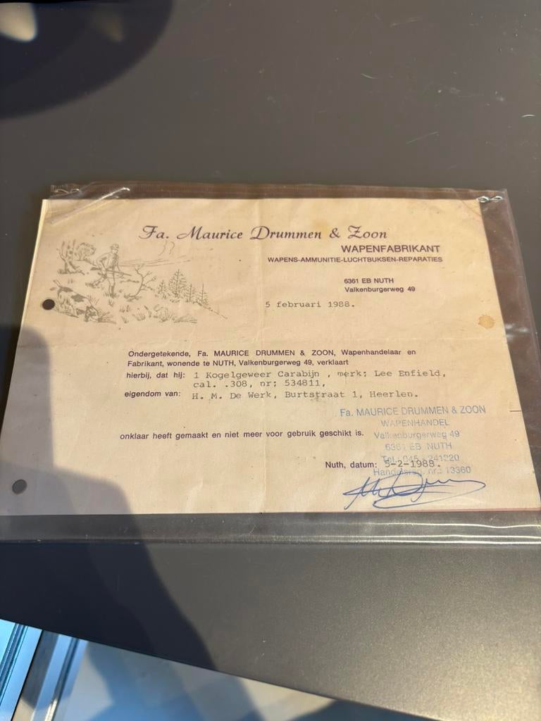 Originele wapenverklaring 1988, Drummen ,Lee Enfield .308, Verzenden