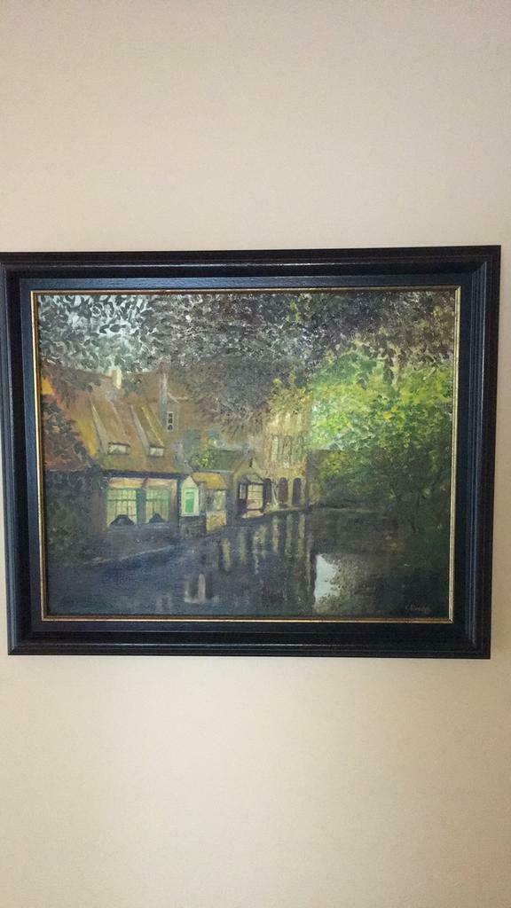 Houten kader 58 x 48 cm met olieverfschilderij., Antiek en Kunst, Kunst | Schilderijen | Klassiek, Ophalen of Verzenden