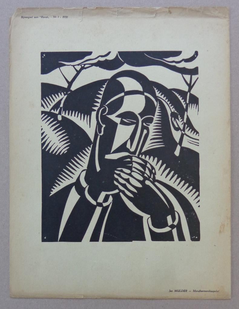 JAN MULDER / MONDHARMONIKASPELER / ZW-W HOUTSNEDE / 32x24cm, Antiek en Kunst, Ophalen of Verzenden