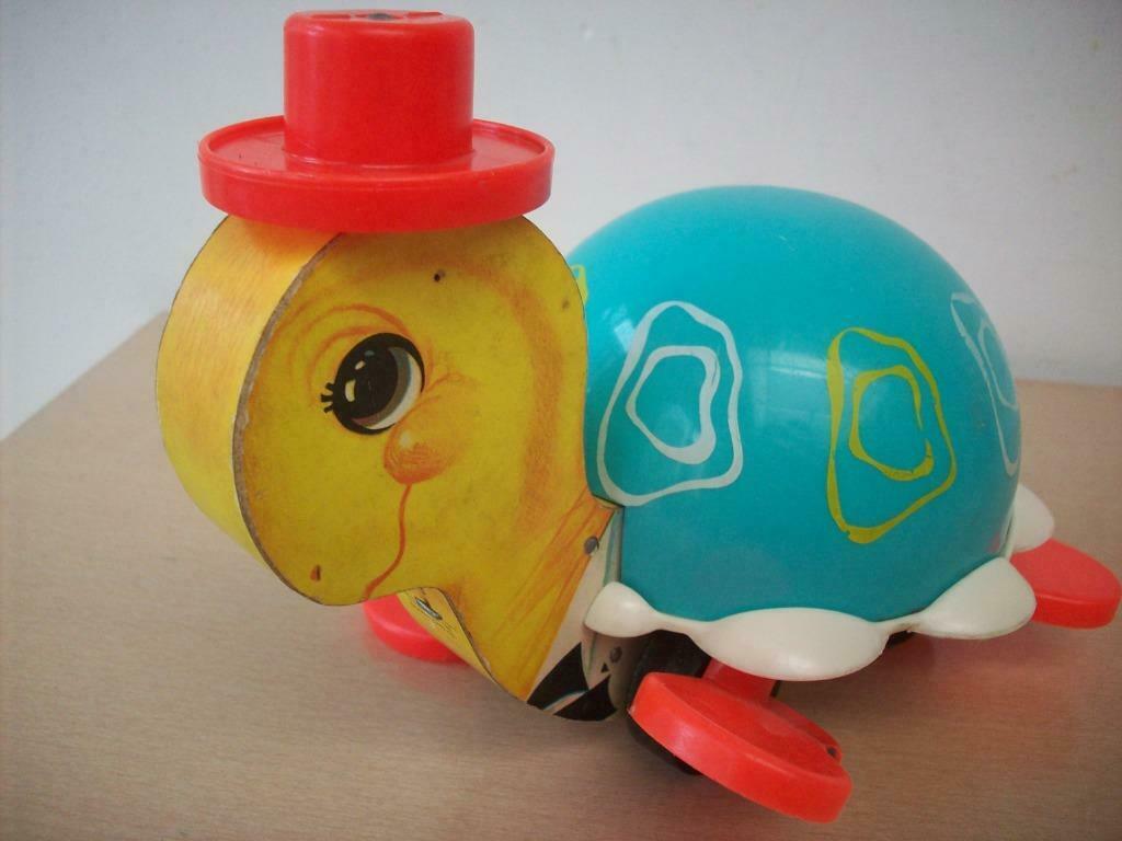 Fisher Price 773 "Tip Toe Turtle" uit  hout 1962, Ophalen, Zo goed als nieuw, Duw- of Trekspeelgoed, Met geluid