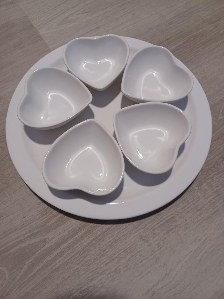 APERITIEF SCHAAL SCHOTEL MET 5 HARTVORMIGE POTJES, Huis en Inrichting, Gebruikt, Ophalen of Verzenden, Schaal of Schalen, Overige stijlen