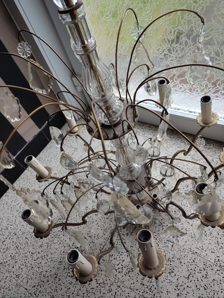 Antieke bronzen luchter met kristallen hangertjes, Antiek en Kunst, Ophalen of Verzenden
