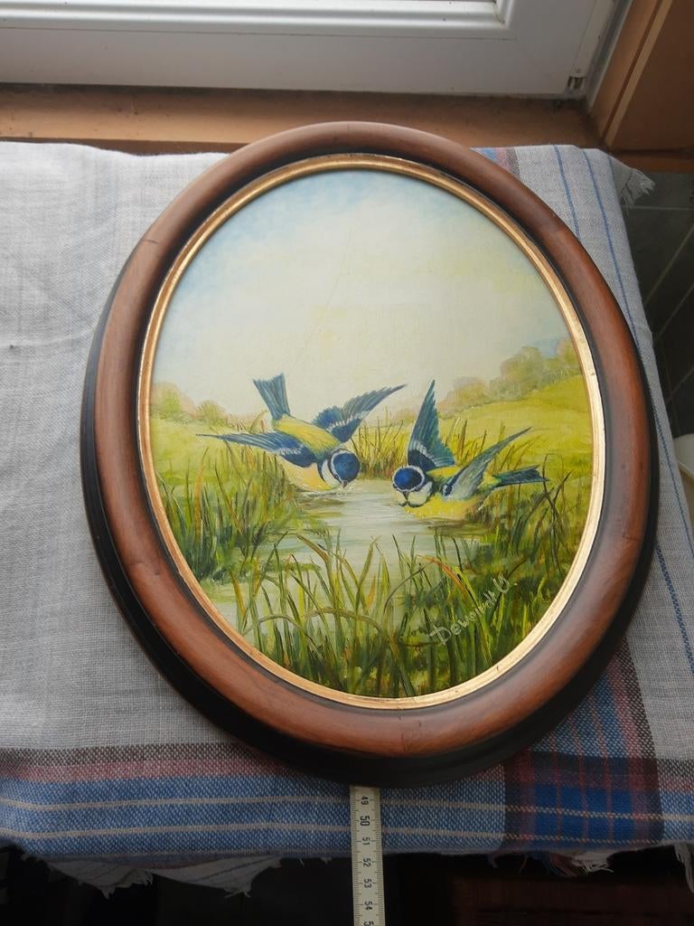 Schilderij met 2 koolmeesjes van Odette Deweirdt', Antiek en Kunst, Ophalen of Verzenden