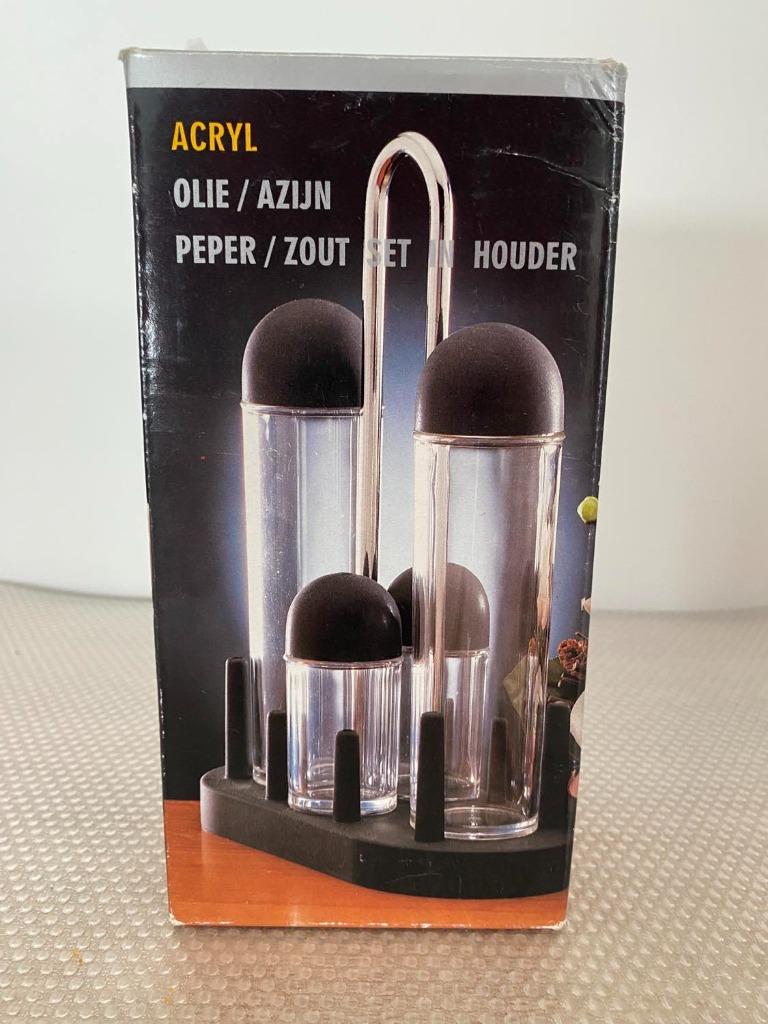 Olie / azijn / peper / zout set in houder, Ophalen of Verzenden, Nieuw