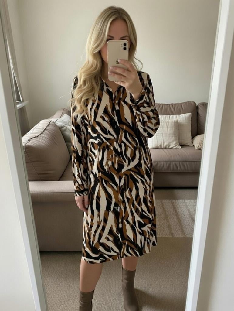 Mooie jurk Miss Etam maat large, Taille 42/44 (L), Comme neuf, Brun, Sous le genou