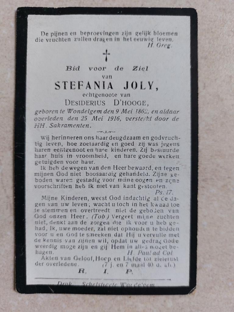 Oud doodsprentje Wondelgem 1916, Enlèvement ou Envoi