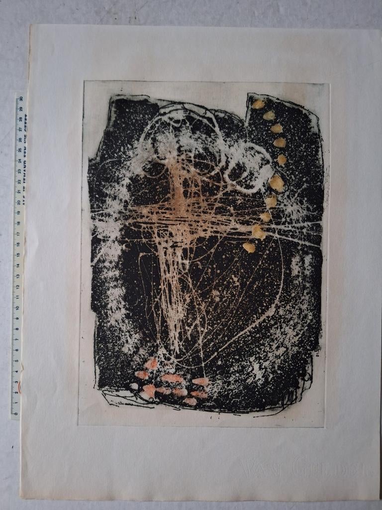 Kleurets met lyrische compositie van Jan Stroosma, Antiek en Kunst, Kunst | Etsen en Gravures, Ets, Gesigneerd, Ophalen of Verzenden