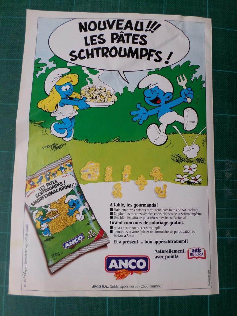 Schtroumpfs - publicité papier pâtes Anco - 1988, Verzamelen, Ophalen of Verzenden, Smurfen, Gebruikt, Overige typen