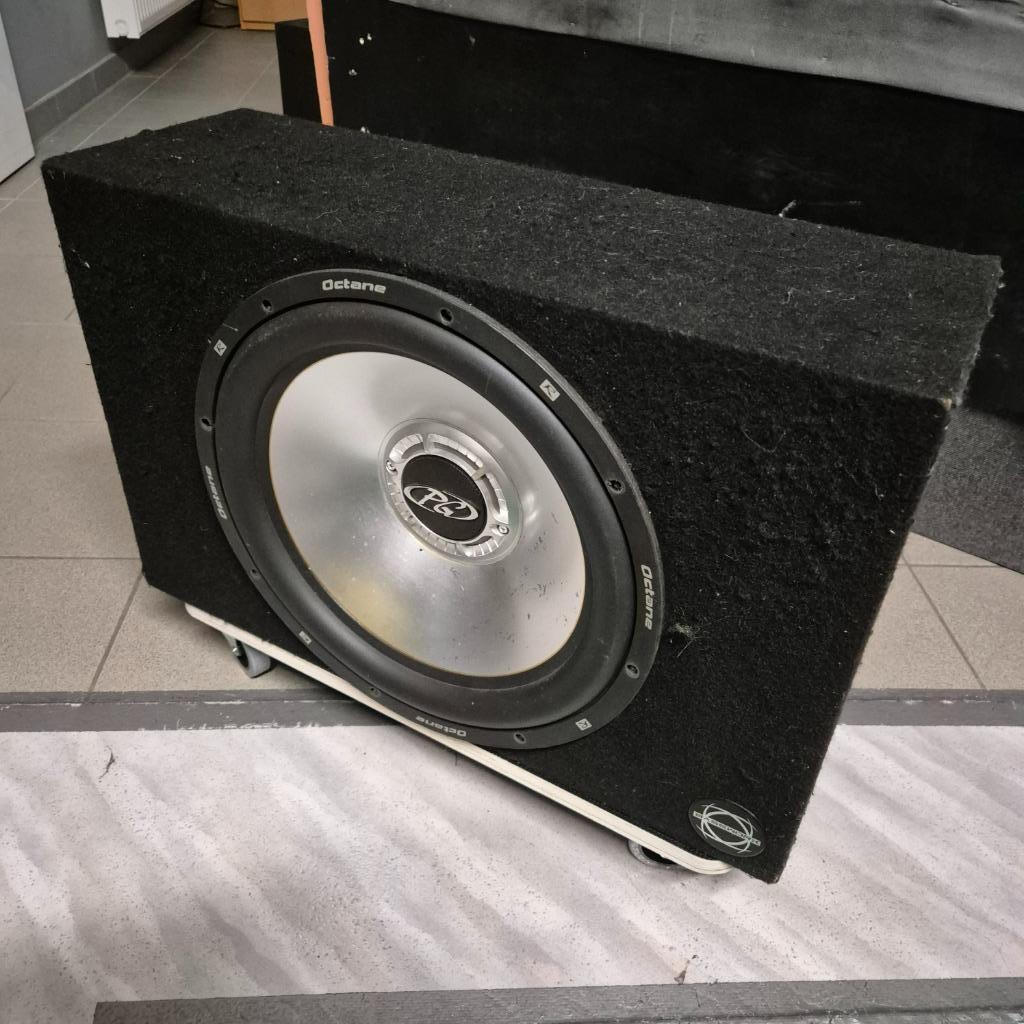 Phoenix Gold Octane woofer 14inch .. in gepaste kist.., Auto diversen, Autospeakers, Ophalen, Zo goed als nieuw