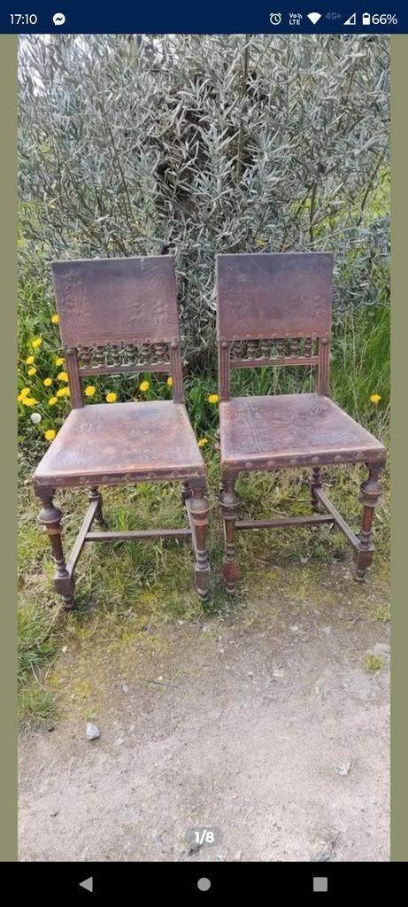 Ensemble de chaise de château en bois avec assise en cuir an, Enlèvement ou Envoi