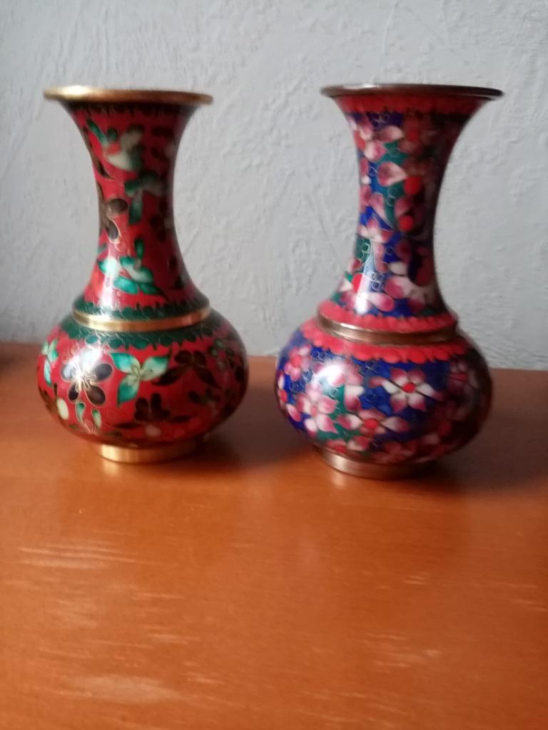 Paire de vase chinois métal cloisonné by Robert Kuo 70s 19cm, Enlèvement ou Envoi