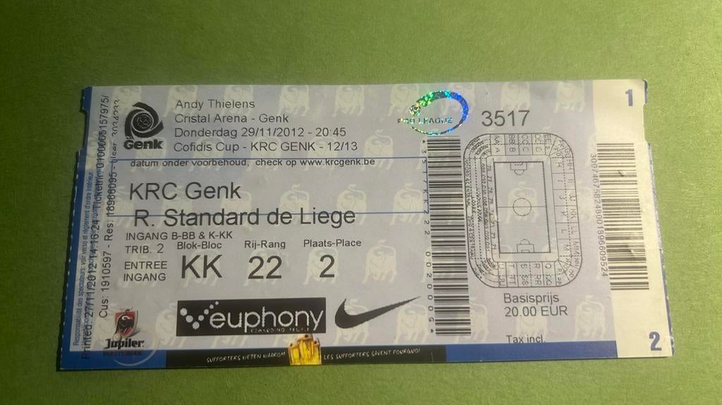 Ticket RC Genk Standard de Liège 2012 coupe de Belgique, Envoi, Comme neuf