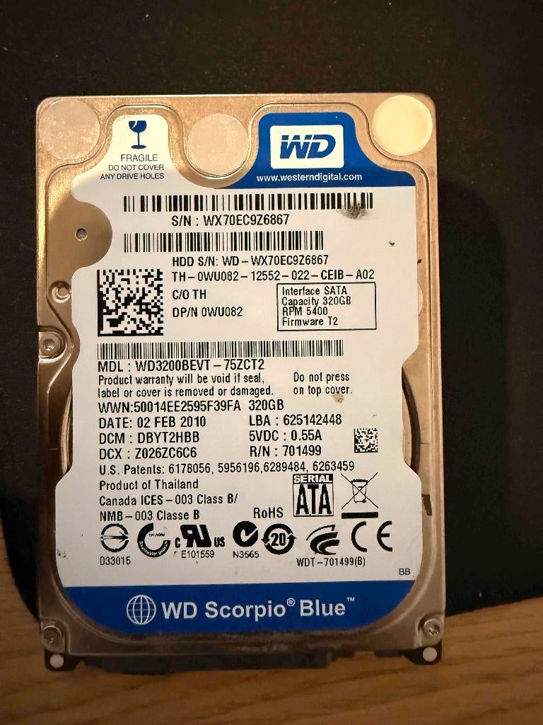 Disque dur SATA 2,5 pouces WD 320 Go, Informatique & Logiciels, Interne, Laptop, 320GB, Enlèvement ou Envoi