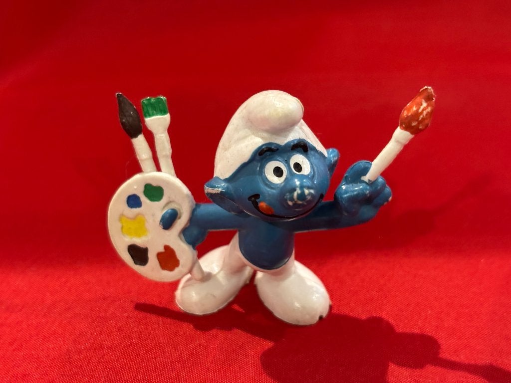 Schildersmurf met kwasten en palet. Hoogte 5 cm. Peyo Bully., Verzamelen, Ophalen of Verzenden, Gebruikt, Knutselsmurf, Poppetje, Figuurtje of Knuffel