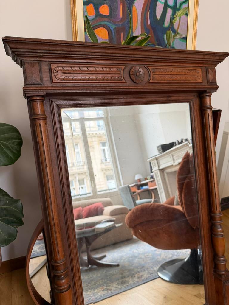 Miroir ancien style Henri II en bois sculpté, Antiek en Kunst, Antiek | Spiegels, 50 tot 100 cm, 100 tot 150 cm, Rechthoekig, Ophalen