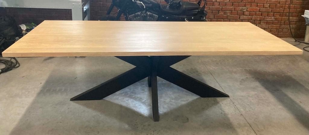 Eiken tafel massief blad met stalen matrix poot, Ophalen, Gebruikt, 100 tot 150 cm, 200 cm of meer