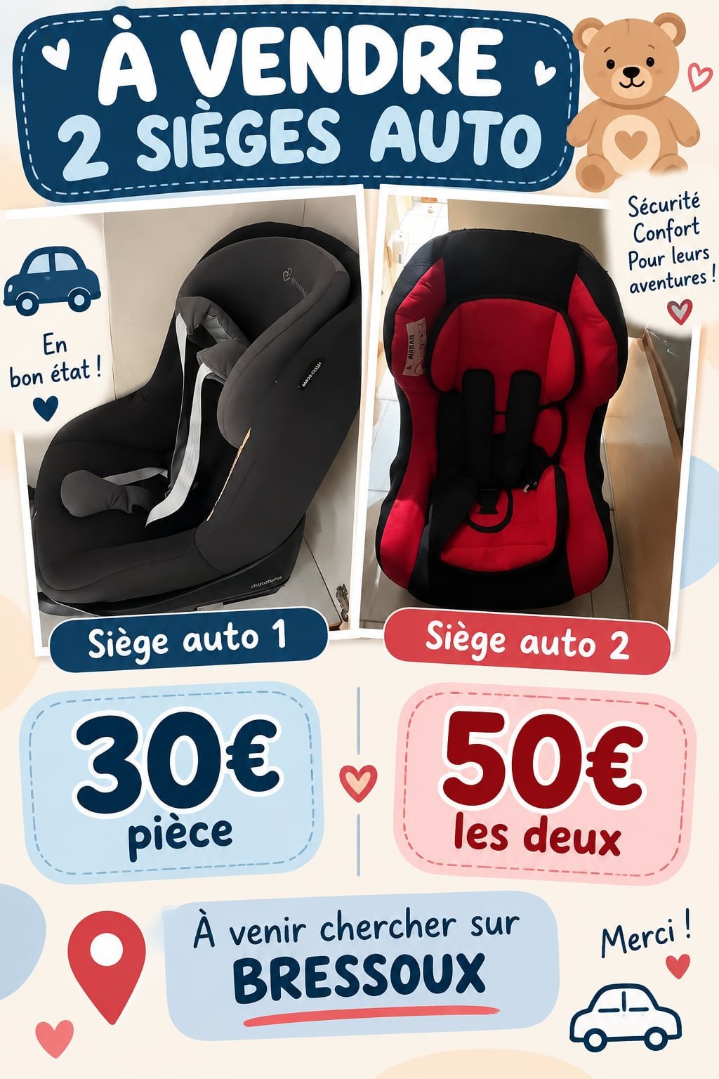 Sièges voitures enfants les 2 50€, Enlèvement, Comme neuf