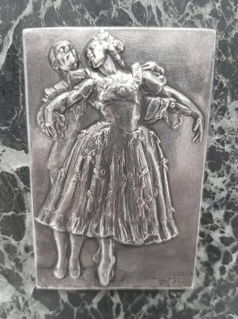 Plaque en bronze argenté - Eugene De Bremaecker., Antiquités & Art, Vert, Enlèvement ou Envoi, Art nouveau, Brons