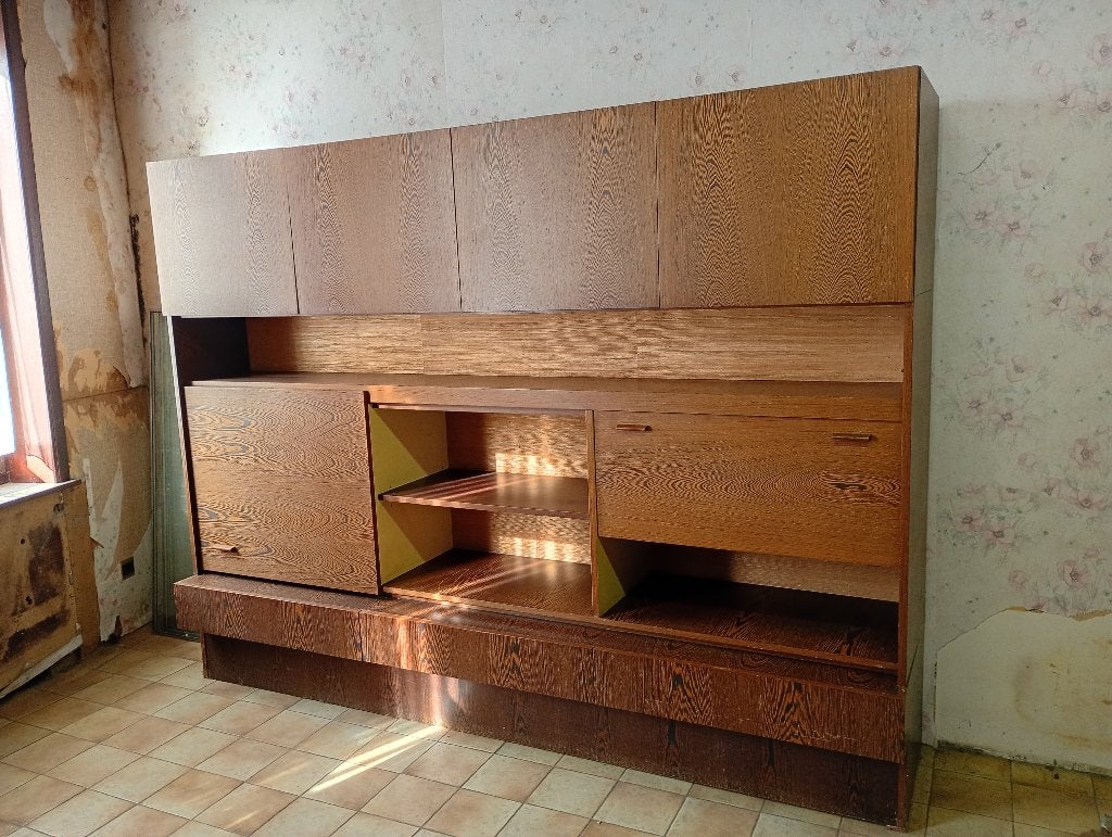 Mid Century design wandmeubel wenge fineer look, Ophalen, 250 tot 300 cm, Gebruikt, 150 tot 200 cm