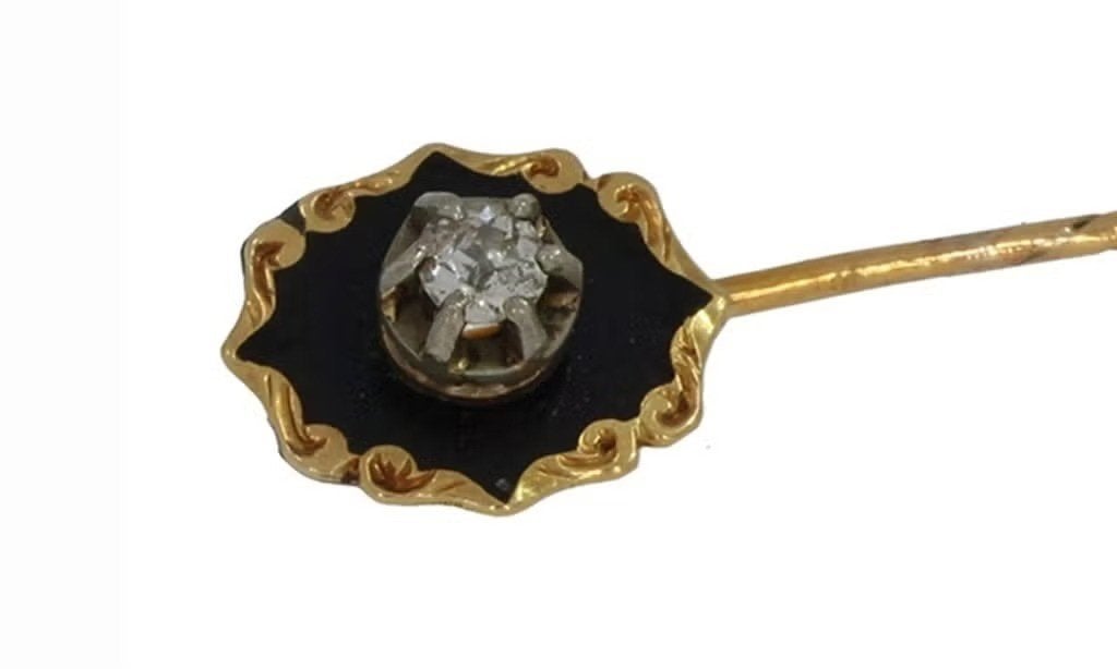 Emaille diamant 18k gouden speld broche briljant antiek, Handtassen en Accessoires, Ophalen of Verzenden, Goud, Broche, Met edelsteen