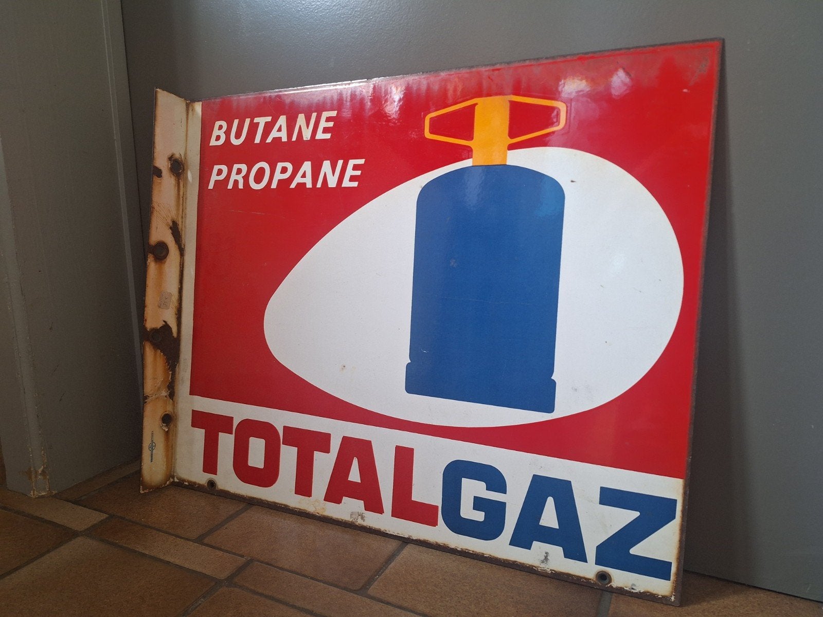 Vintage emaille bord Totalgaz (dubbelzijdig) – 49x60 cm, Ophalen