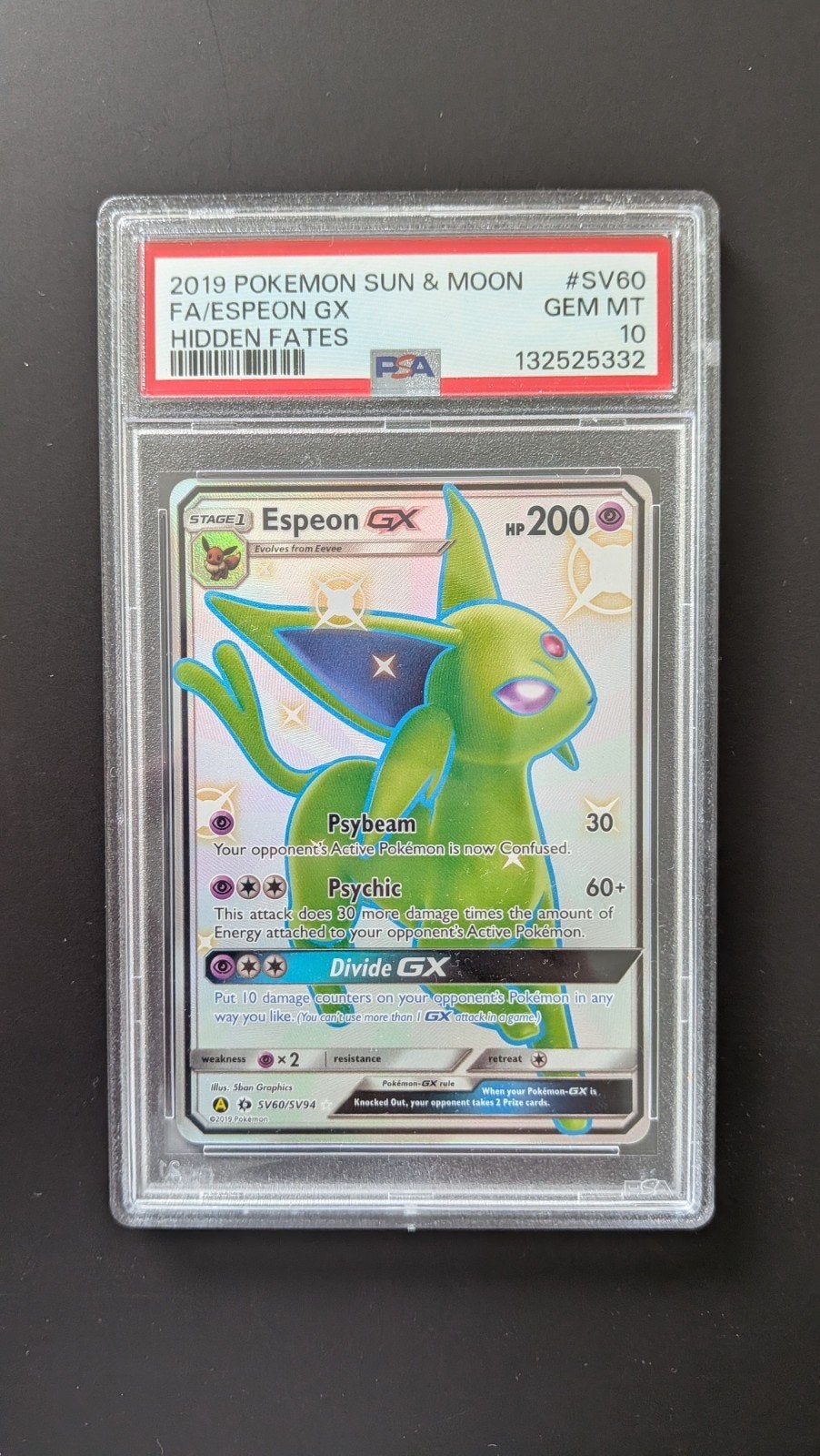 Espeon GX SV60 PSA 10 Hidden Fates, Hobby en Vrije tijd, Verzamelkaartspellen | Pokémon, Ophalen of Verzenden, Zo goed als nieuw