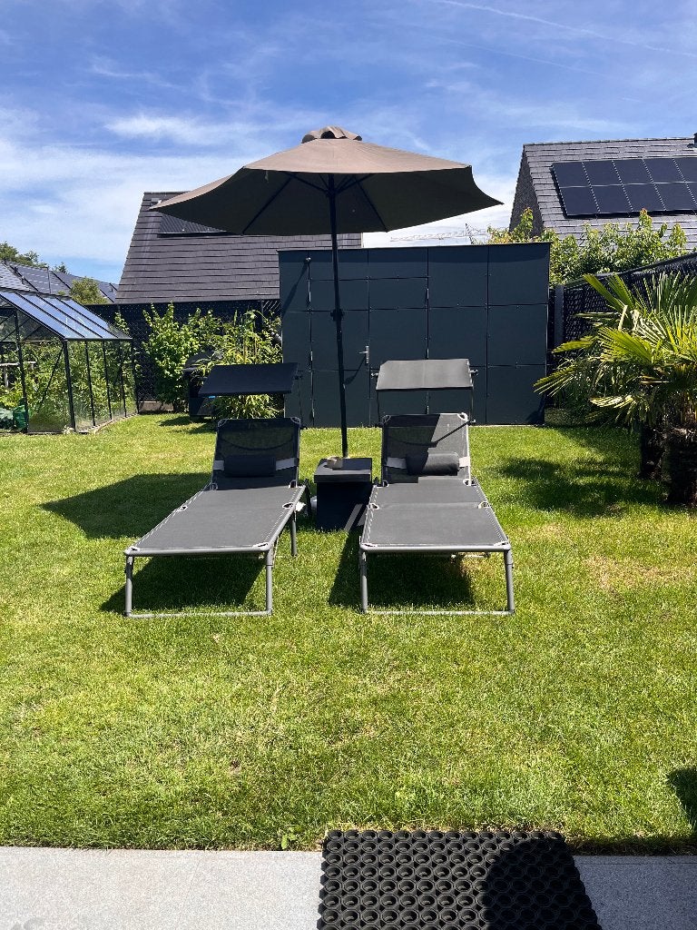 6stuks: 2 ligzetels parasol en voet slide tafel en barstoel, Ophalen, Zo goed als nieuw, Inklapbaar
