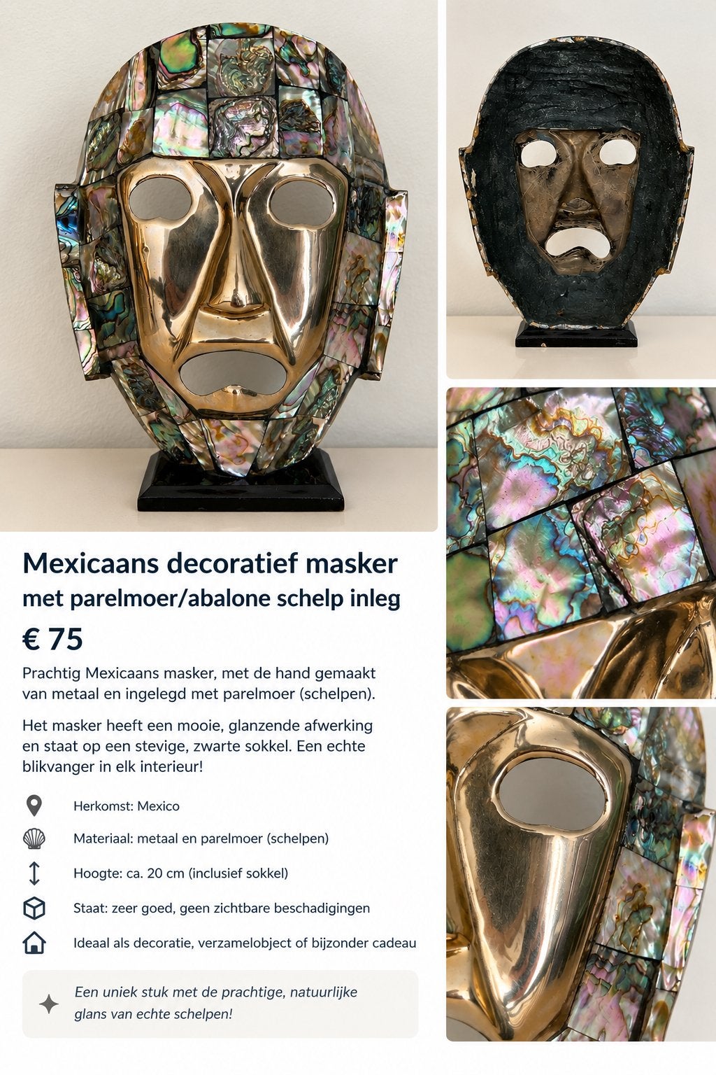 Mexicasns decoratief masker parelmoer/abalone inleg, Ophalen, Zo goed als nieuw