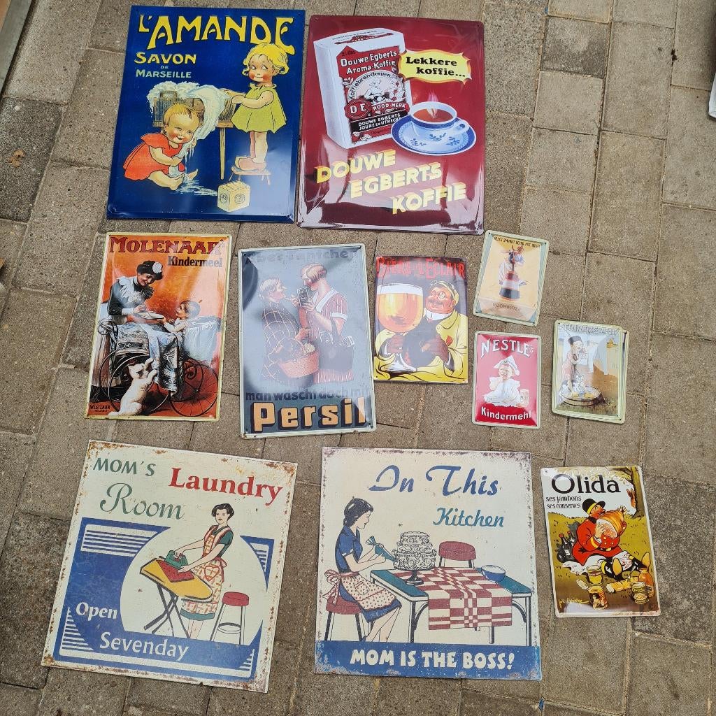 lot vintage look ijzeren reclame panelen, Ophalen, Zo goed als nieuw, Metaal of Aluminium