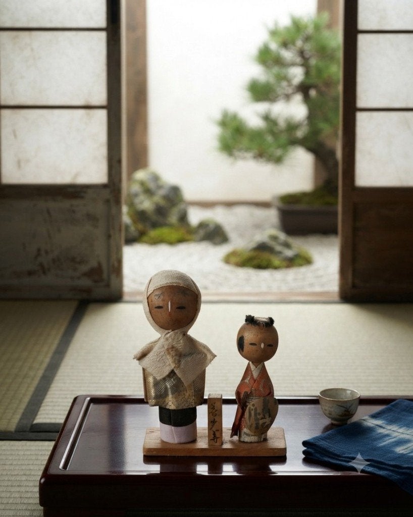Vintage Benkei en Ushiwakamaru Kokeshi paartje, Hout, Verzenden, Japan, Meerkleurig