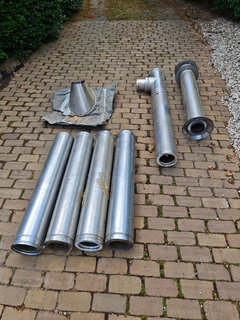 Rookgaskanaal RVS 130mm dubbelwandig 6,5m incl dakdoorvoer, Ophalen, Afvoer, Gebruikt, 6 meter of meer