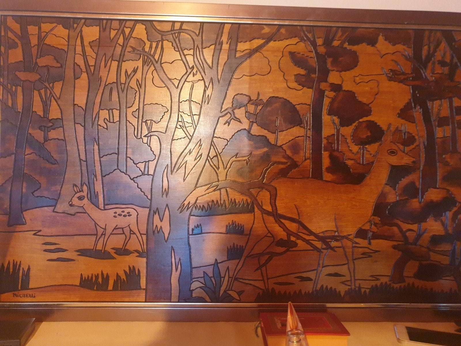 Tableau grave sur bois., Antiquités & Art
