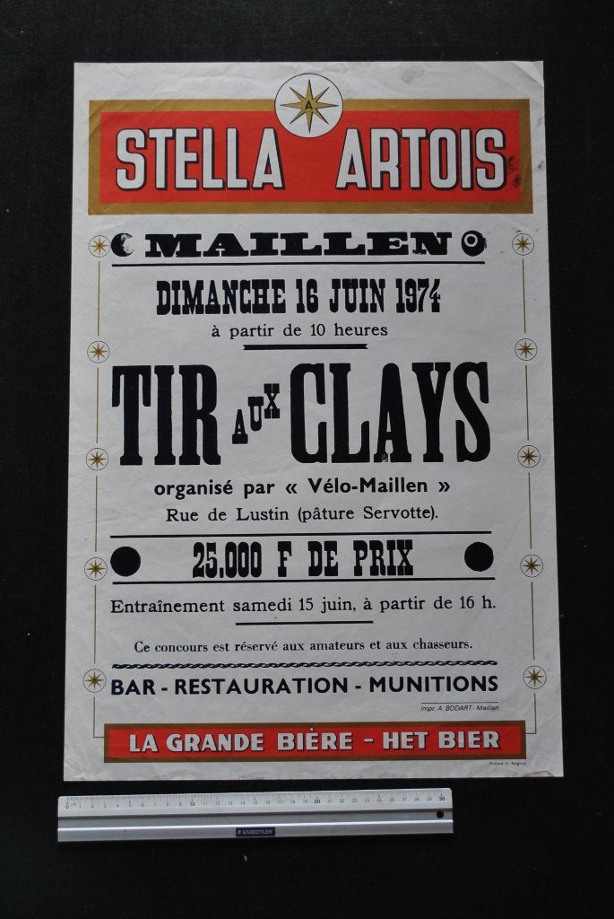 AFFICHE 1974 BIERE STELLA ARTOIS VELO-MAILLEN TIR AUX CLAYS, Enlèvement ou Envoi, Utilisé, Autres types, Stella Artois
