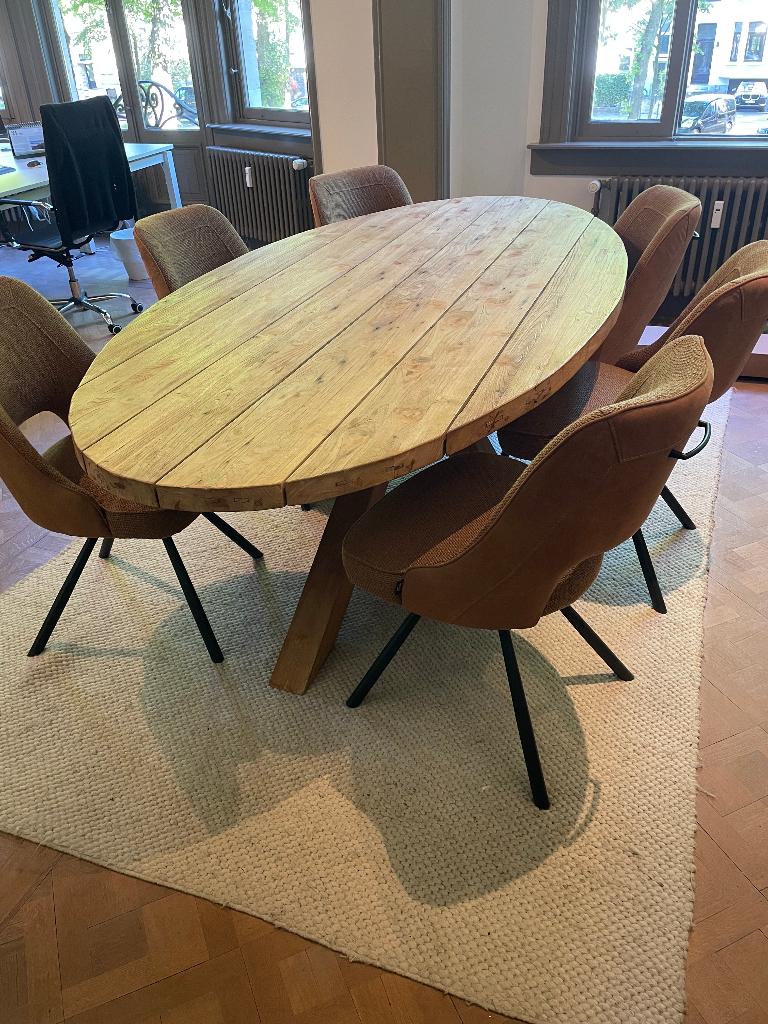 ovale massief eiken eettafel + 6 Henders & Hazel stoelen, 150 à 200 cm, Enlèvement, Utilisé, Chêne