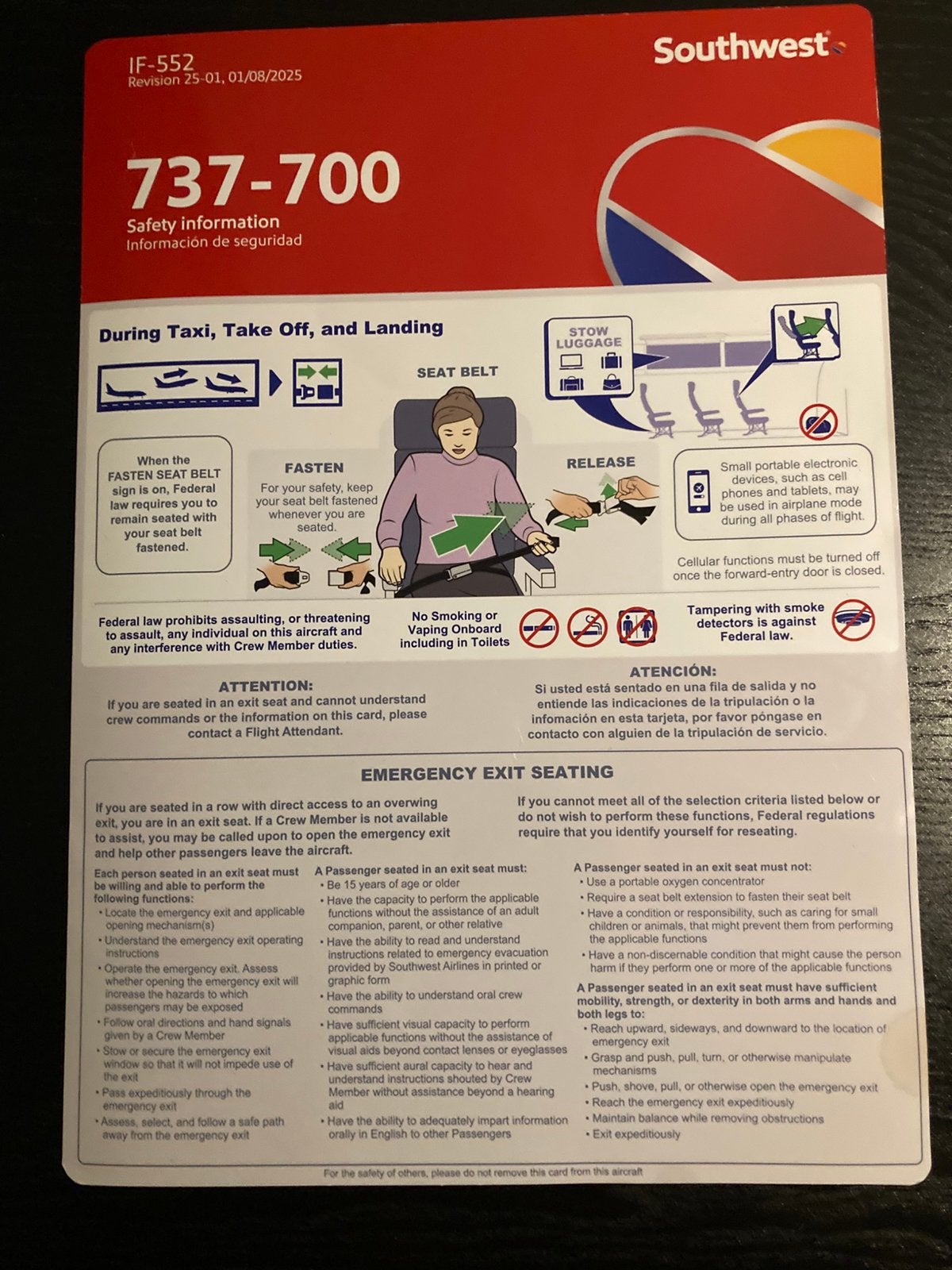 Southwest B737-700 safety card, Verzamelen, Ophalen of Verzenden, Zo goed als nieuw, Kaart, Foto of Prent