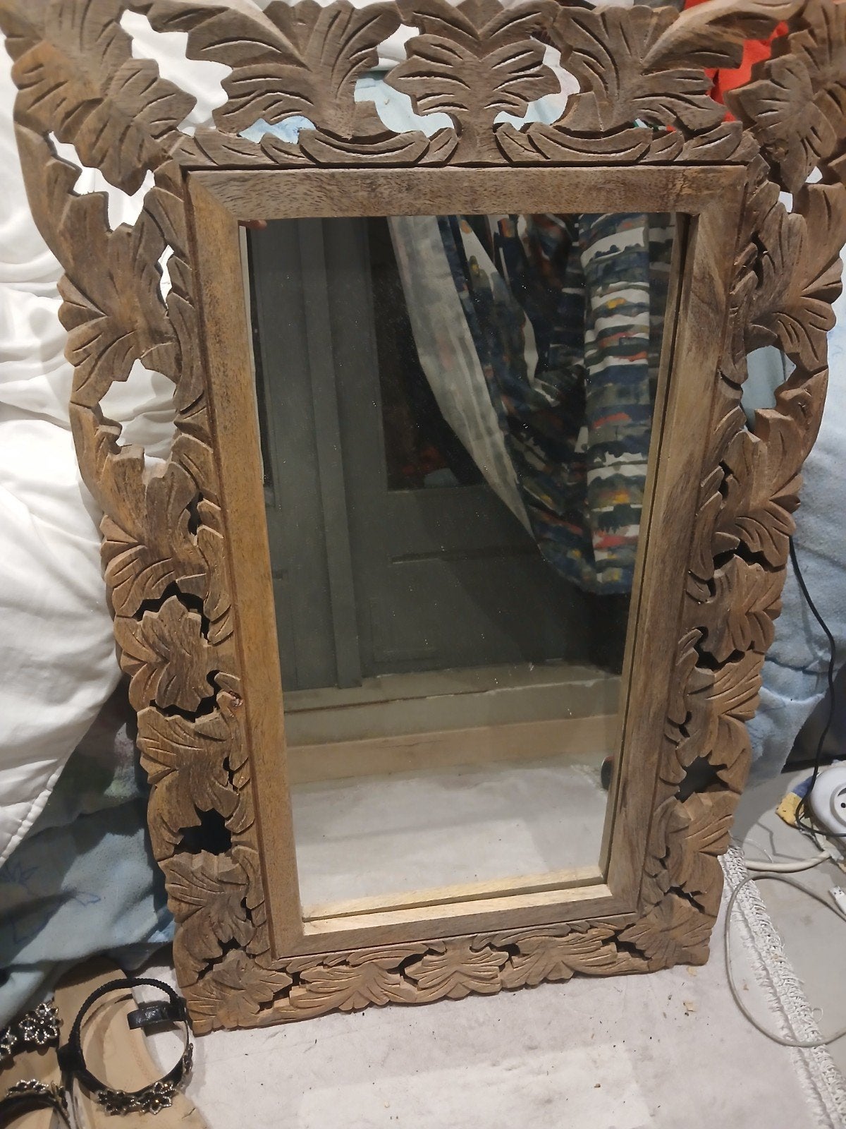 vidaXL Spiegel 321630 – massief mangohout – handgesneden lij, Antiek en Kunst, Ophalen, Rechthoekig, 50 tot 100 cm, Minder dan 100 cm