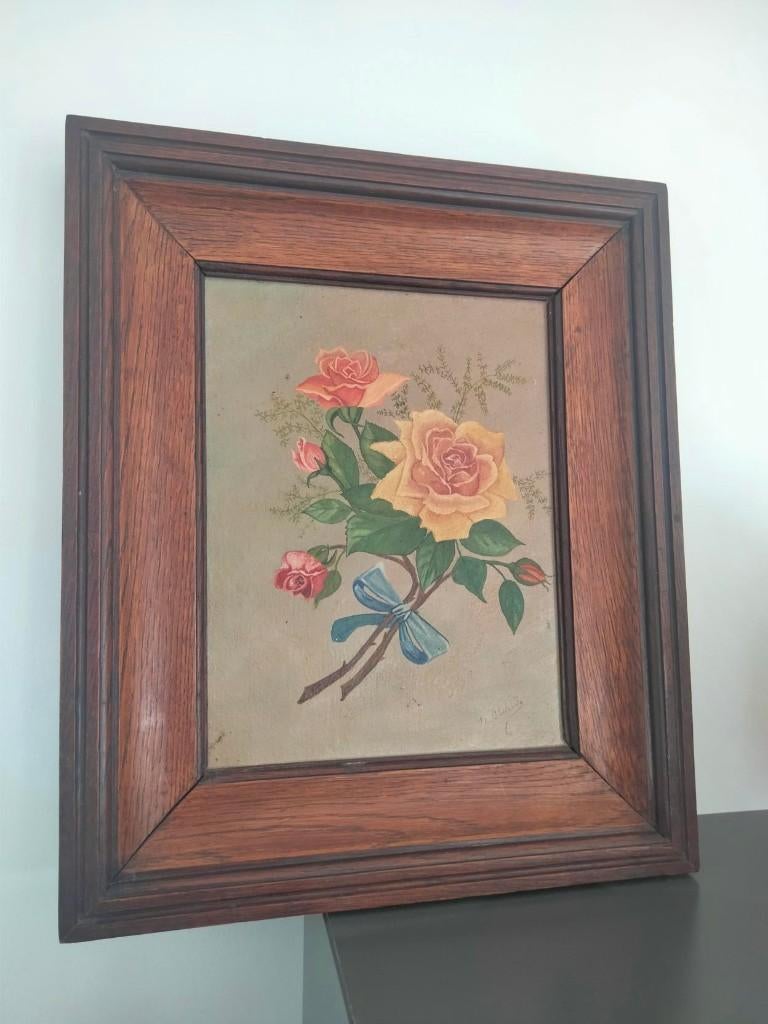 1930s romantisch schilderij paneel bloemen romantisch rozen, Ophalen of Verzenden